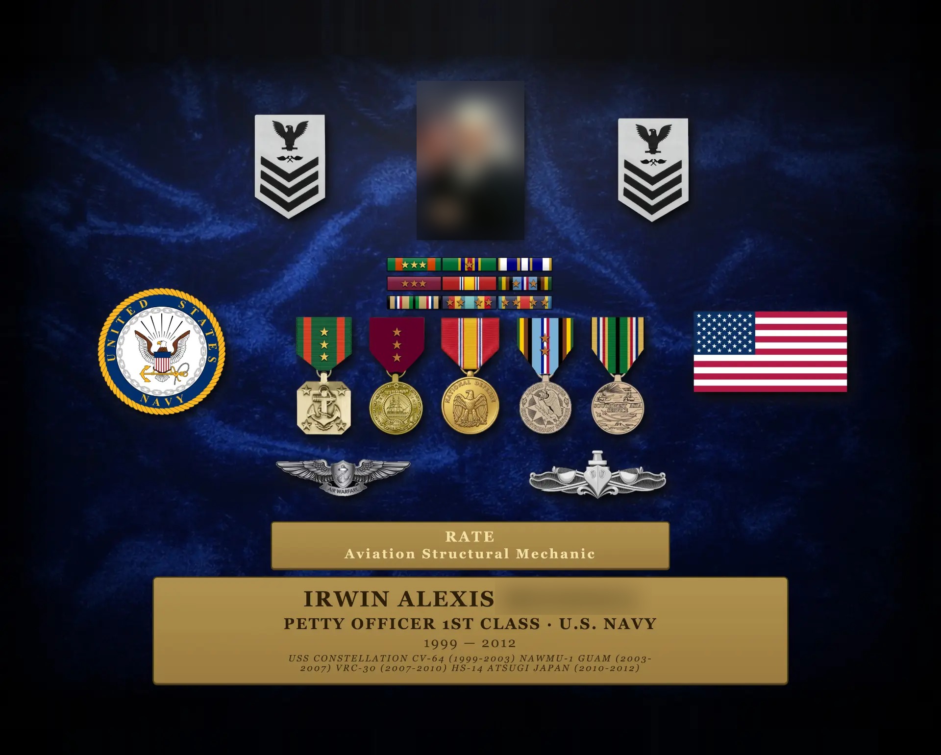 20 by 16 inch Navy Petty Officer First Class Valor Canvas, surname and service photo blurred