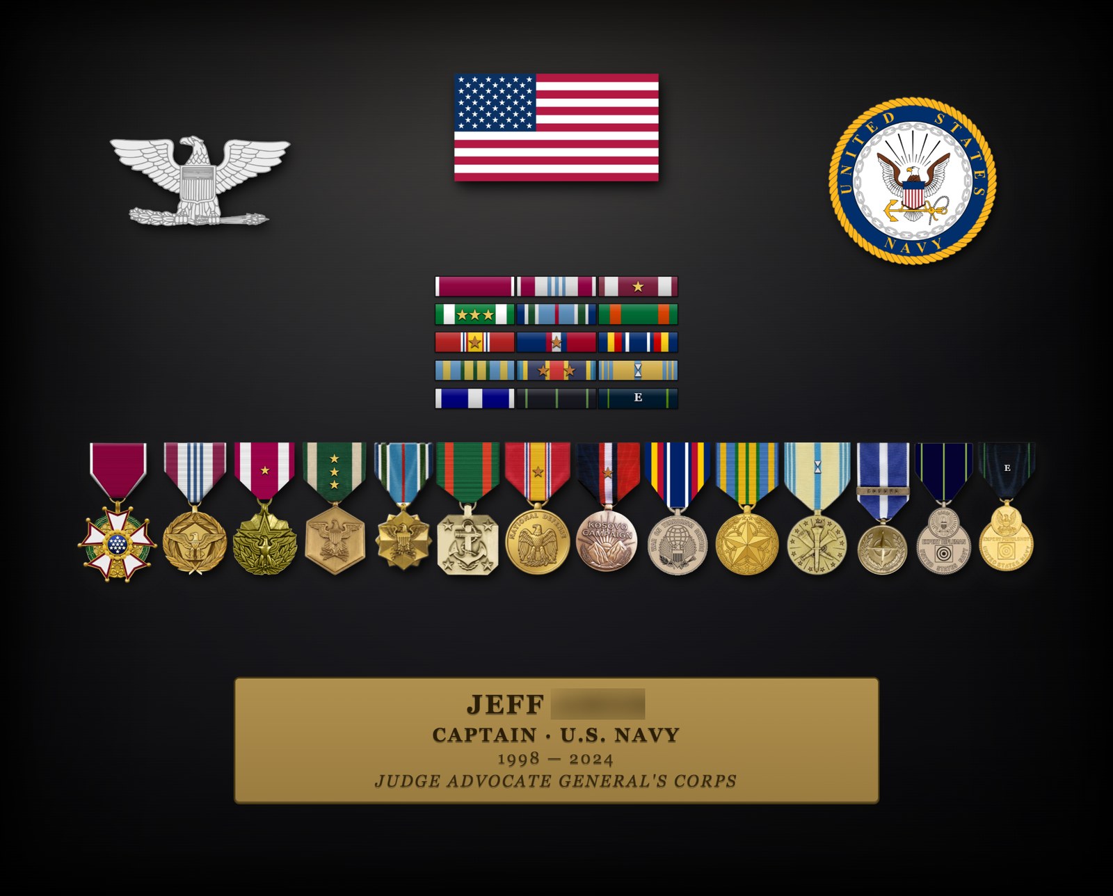 Custom 10×8 Valor Block display for a U.S. Navy Captain with a full medal rack