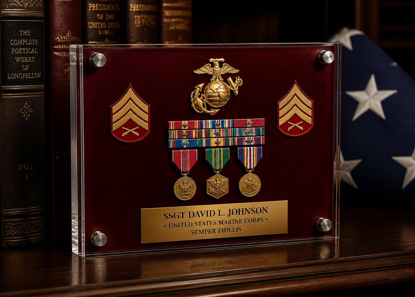 Valor Block 7x5 acrylic display in a home setting