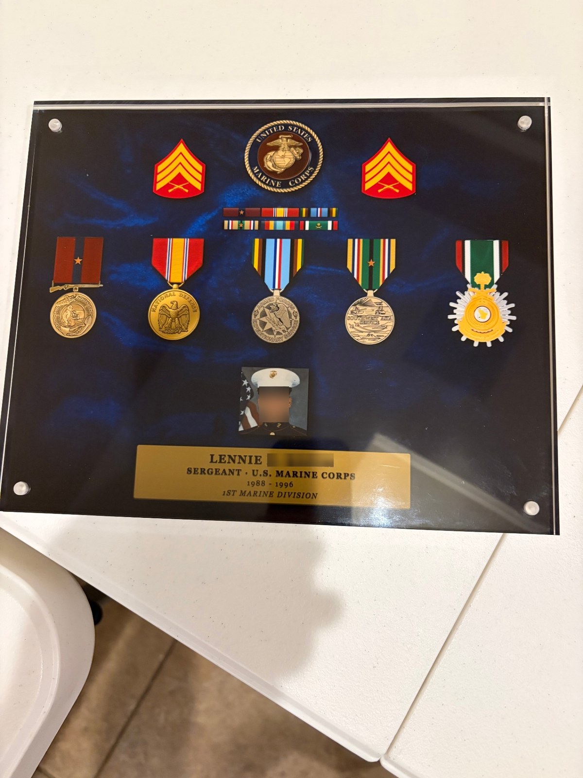 Previous-generation 10×8 acrylic Valor Block for a U.S. Marine Corps Sergeant