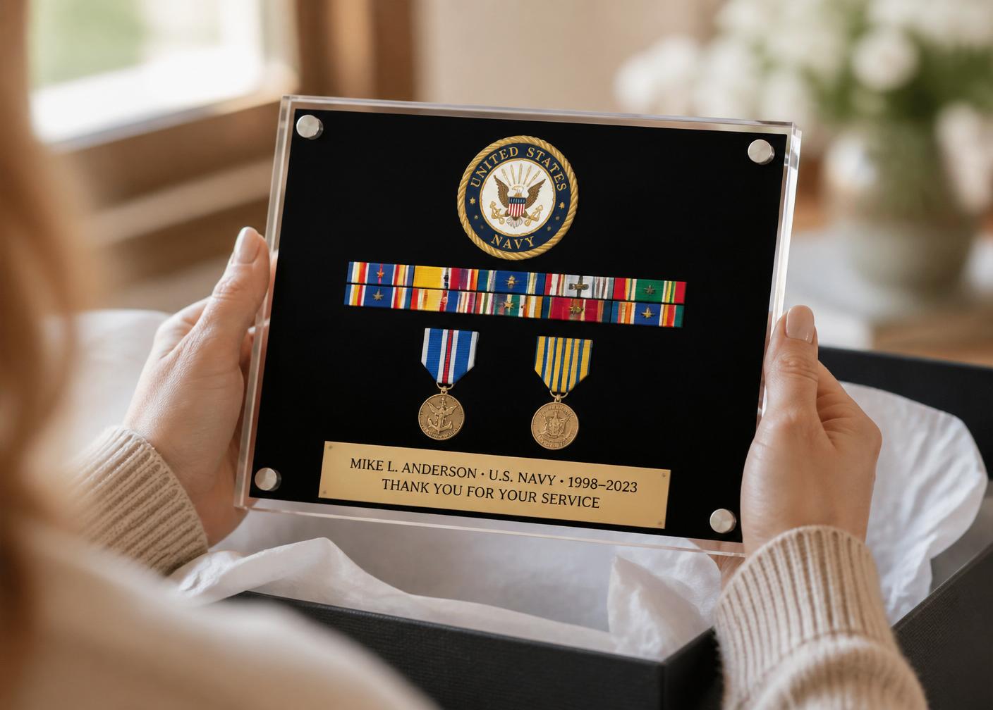 Valor Block 7x5 acrylic display in a home setting