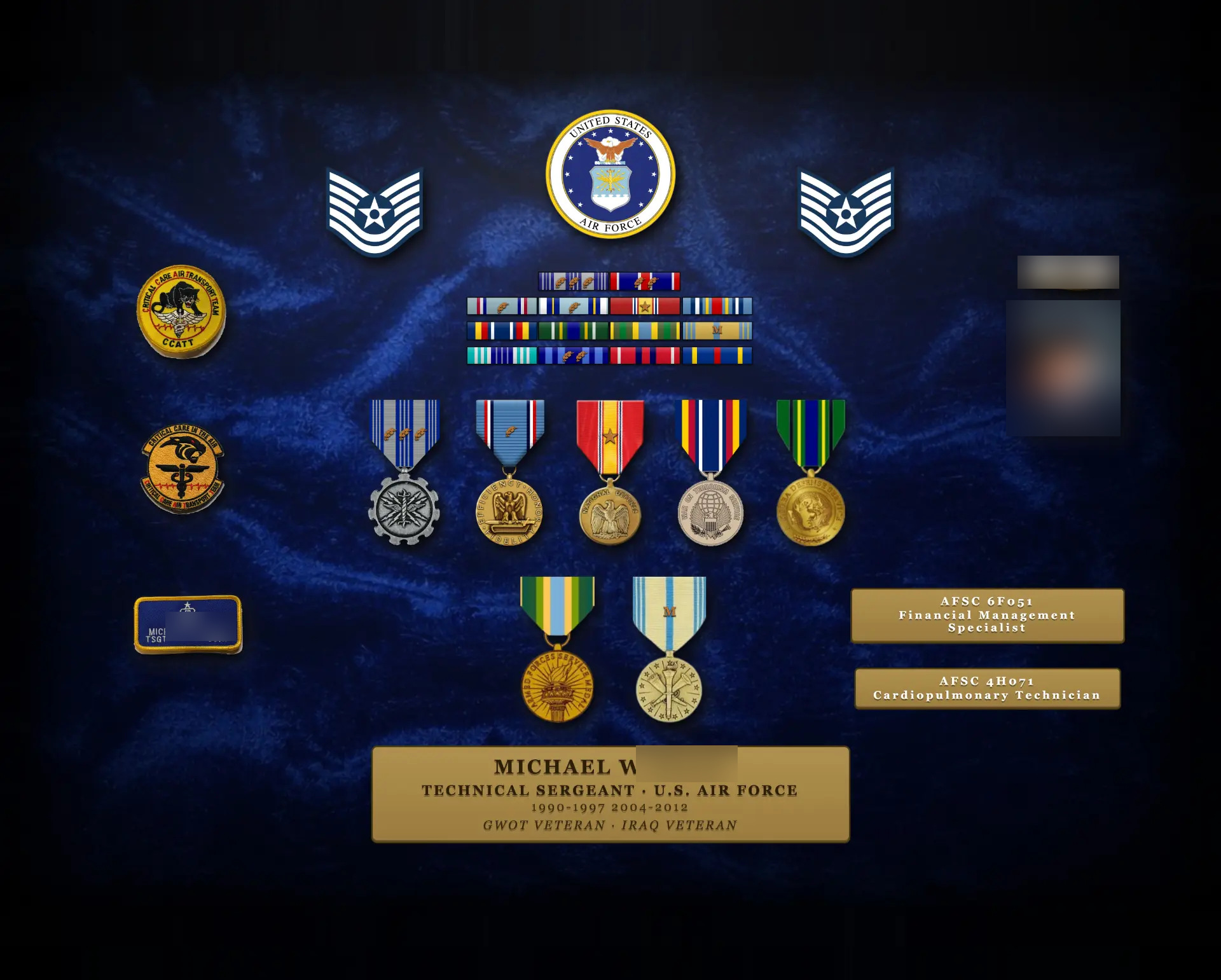 20 by 16 inch Air Force Technical Sergeant Valor Canvas, surname and service photo blurred