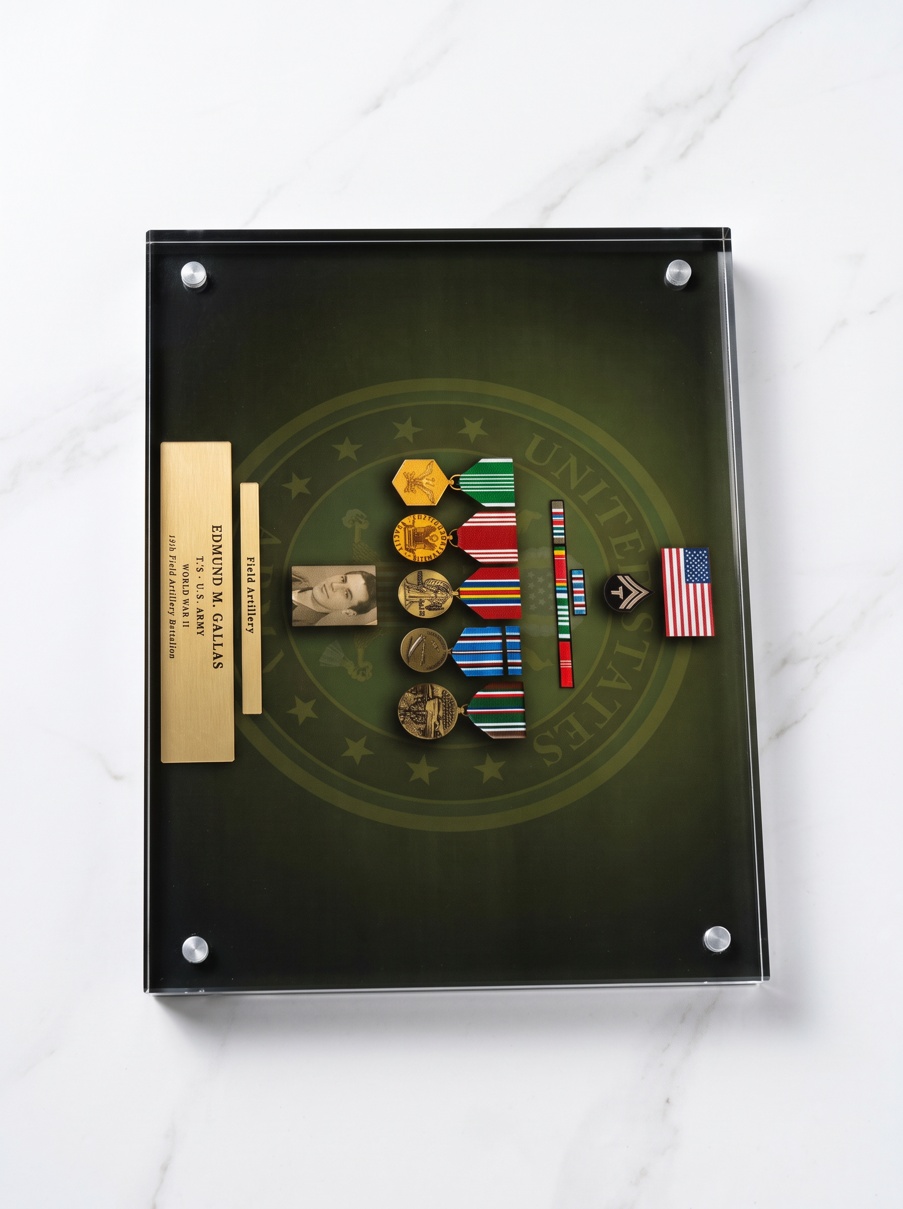 Top-down view of a finished 7x5 Valor Block acrylic with medals, ribbons and nameplate